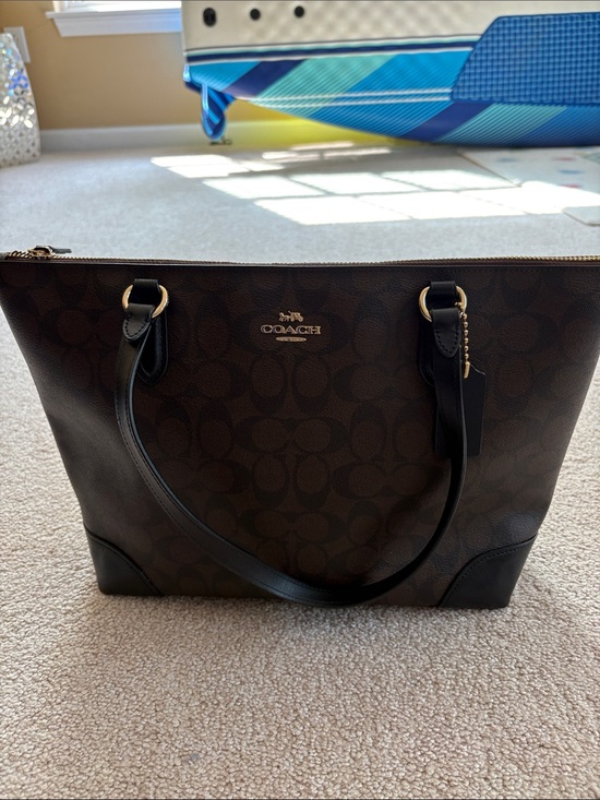 Coach Handbags - Coach Brown Signature Canvas Tote with Black Trim